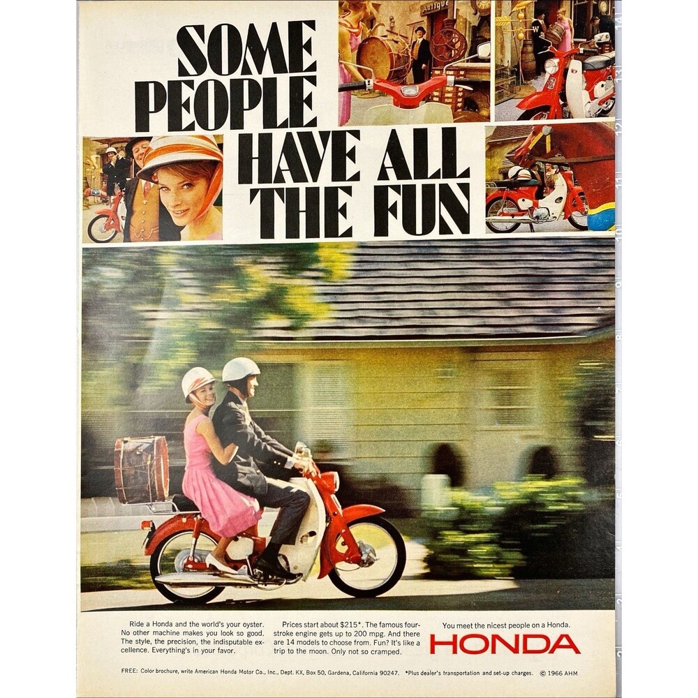 Honda "14 Models Four Stoke Engine: Have all the Fun" Vintage Print Ad 1966